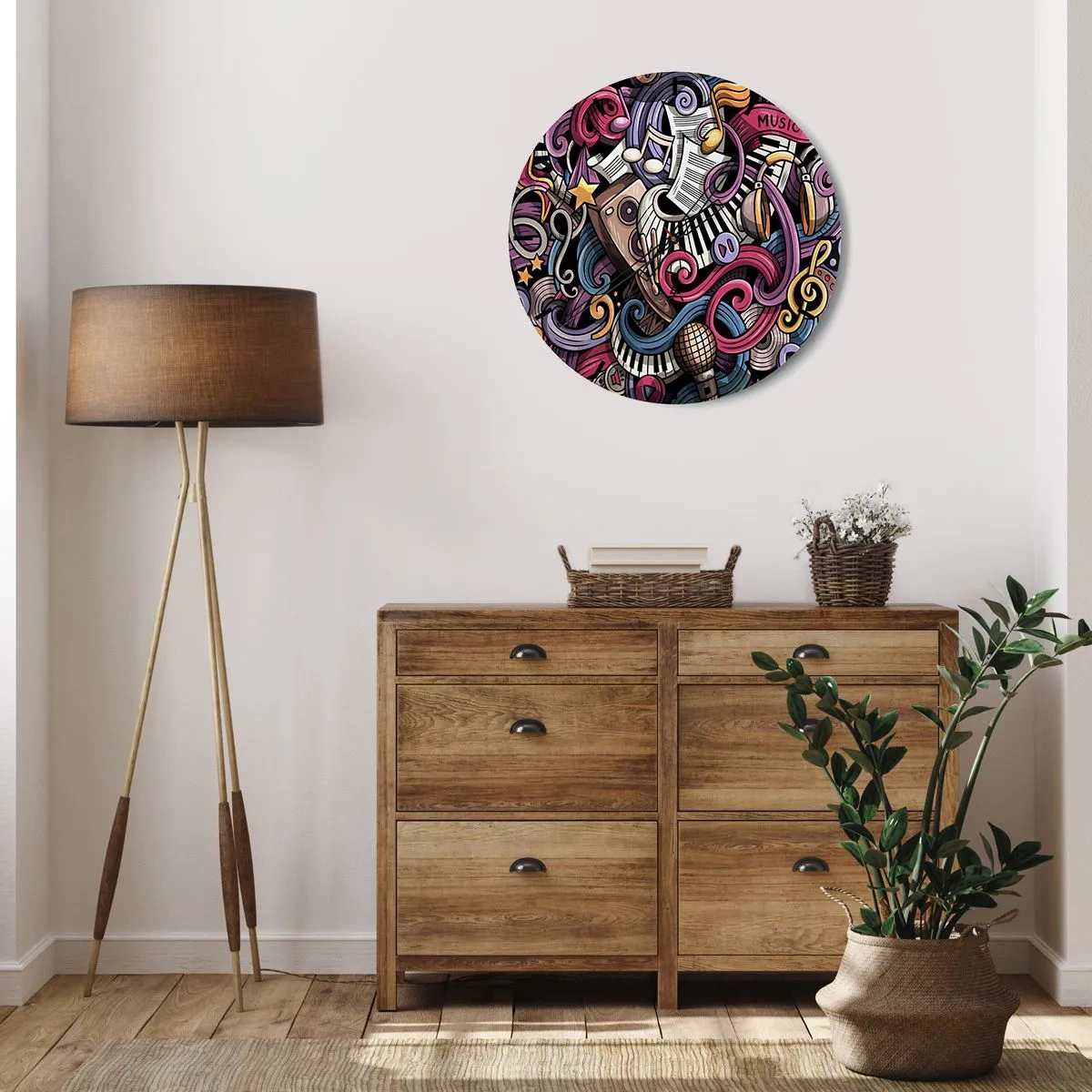 Väggklocka - Klocka på glas - Abstrakt komposition av musikaliska motiv och instrument - 30x30cm - Komplicerad melodi - Modern väggdekoration för vardagsrum, kök och sovrum ARTTOR