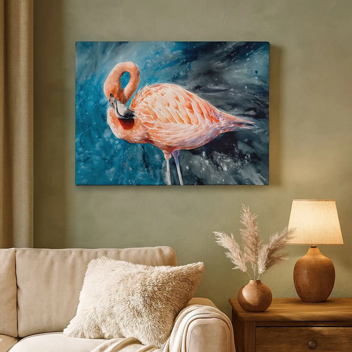 Canvastavla - Bild på duk - En rosa flamingo på en akvarellblå bakgrund - 70x50cm - Dekorativt till sin natur - Modern väggdekoration för vardagsrum och sovrum ARTTOR