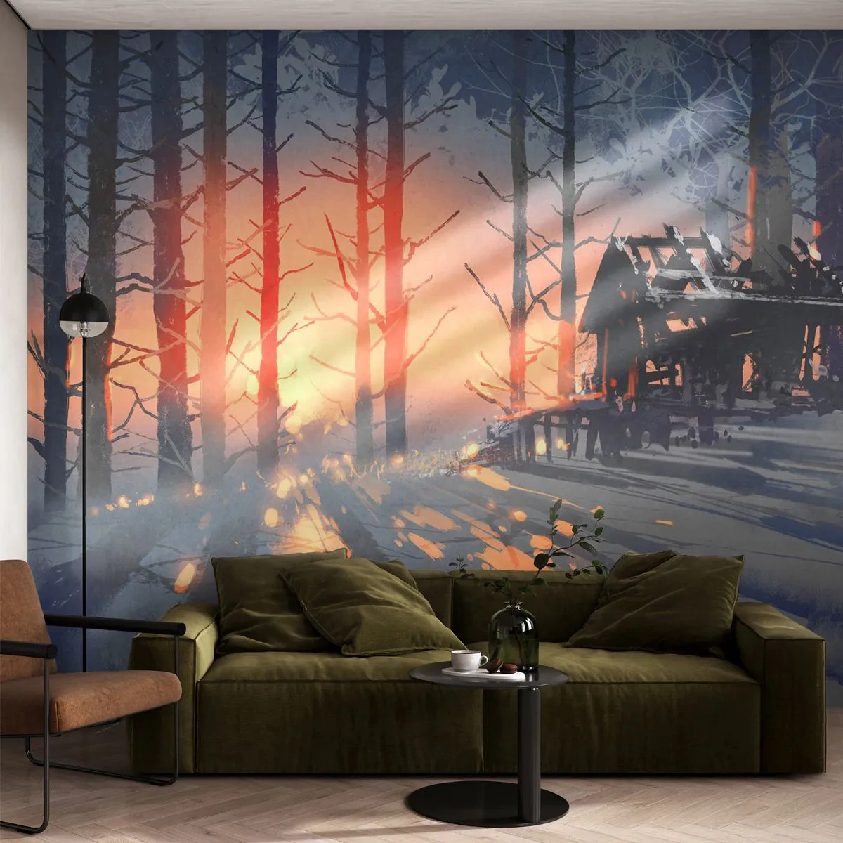Fototapet Premium Canvas - det är bara solen som tittar in här - Landskap, Skogsstuga, Skog - 150x105 cm