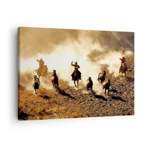 Canvastavla - Bild på duk - Cowboys till häst i aktion i ökenterrängen - 70x50cm - Verkligen vilda västern - Modern väggdekoration för vardagsrum och sovrum ARTTOR