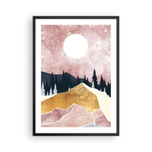 Affisch i svart ram - Abstrakt landskap med skog, berg och gyllene accenter - 50x70cm - Nattvakt - Modern väggdekoration för vardagsrum och sovrum ARTTOR