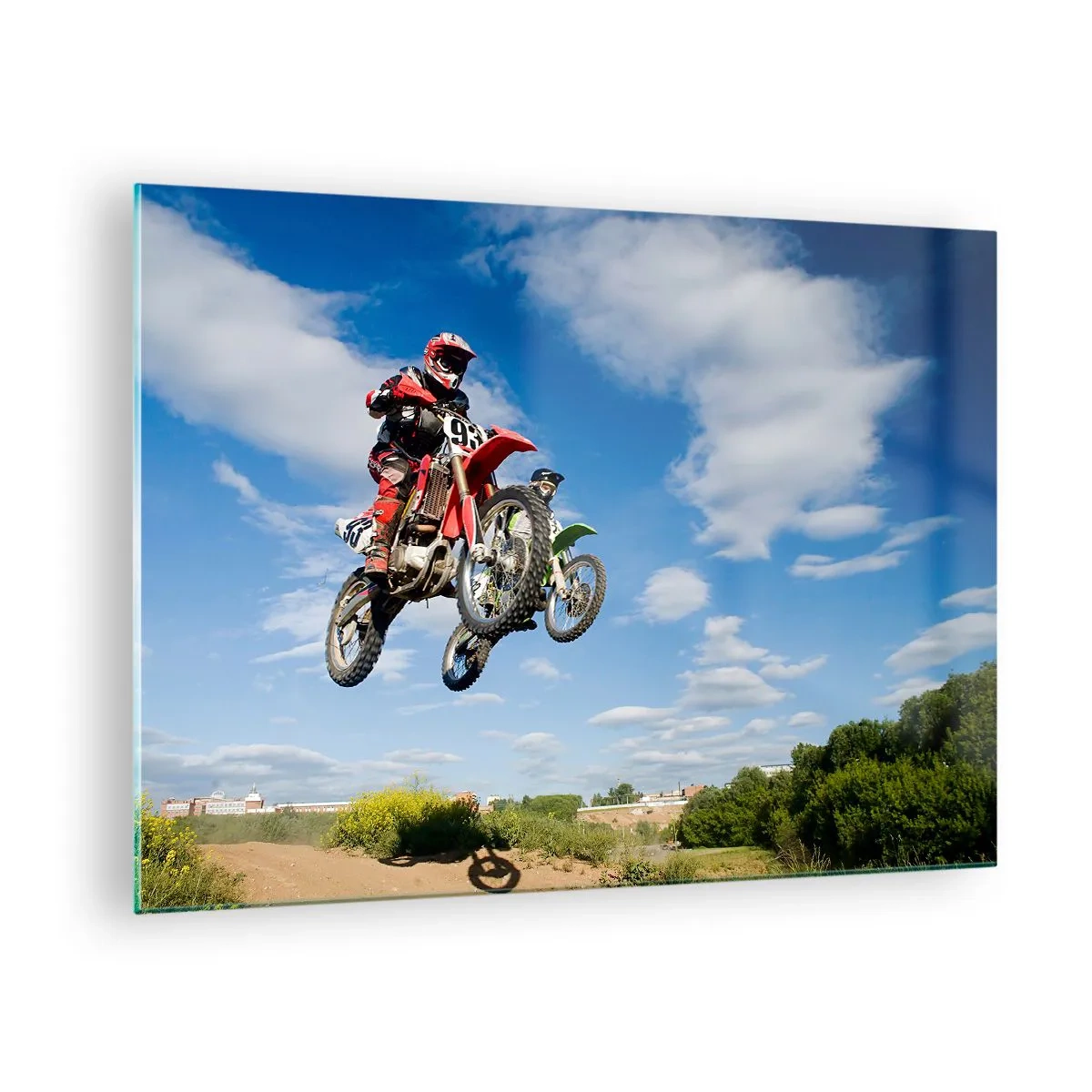 Glastavla - Bild på glas - En motorcykelförare i flykt mot en blå himmel - 70x50cm - Himmelsteg - Modern väggdekoration för vardagsrum och sovrum ARTTOR