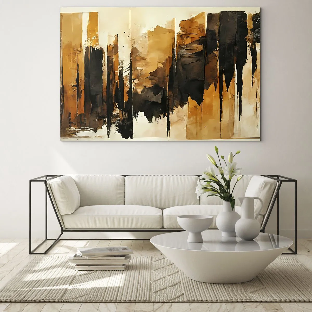 Glastavla - Bild på glas - Gyllenbrun abstraktion med vertikala strukturer - 70x50cm - Harmoni av svart och guld - Modern väggdekoration för vardagsrum och sovrum ARTTOR