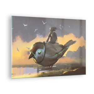 Glastavla - Bild på glas - En figur på en jättefågel i ljuset av den nedgående solen - 70x50cm - Rast under en fantastisk resa - Modern väggdekoration för vardagsrum och sovrum ARTTOR