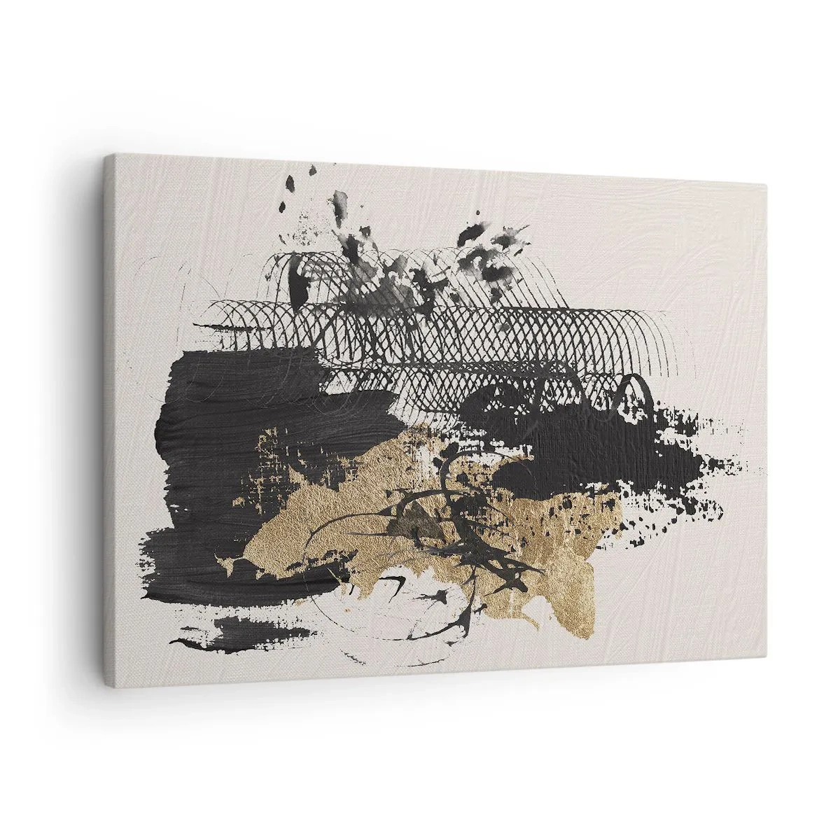 Canvastavla - Bild på duk - En abstrakt målning i svart och guld med dynamiska linjer och strukturer. - 70x50cm - Komposition med passion - Modern väggdekoration för vardagsrum och sovrum ARTTOR