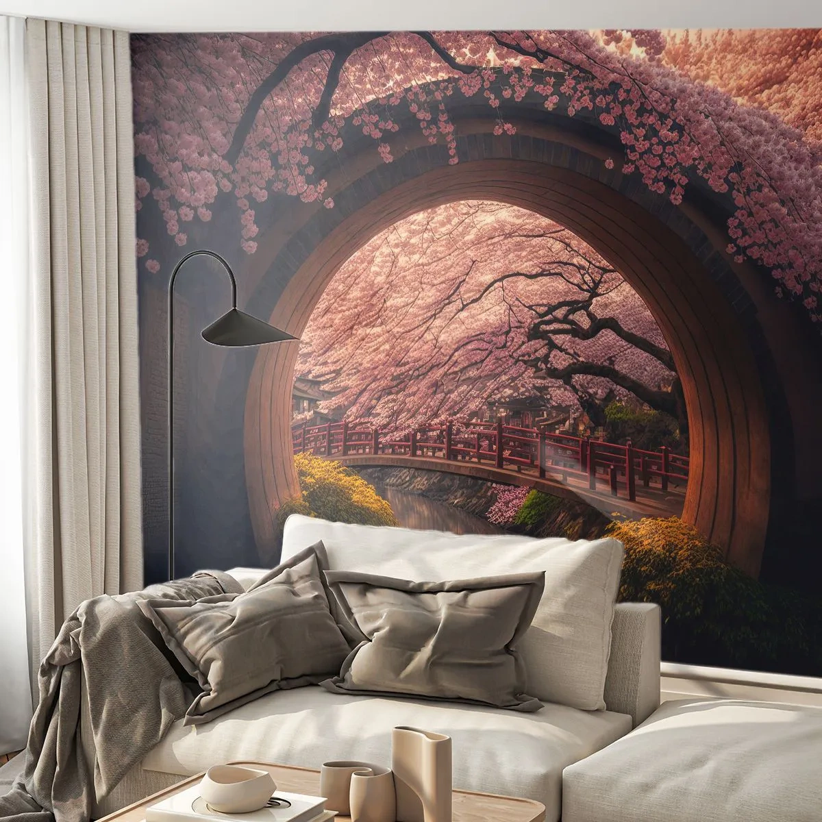 Självhäftande Fototapet Deluxe Sticker - Japansk vår - Bro, Japan, Japanska körsbär - 400x280 cm