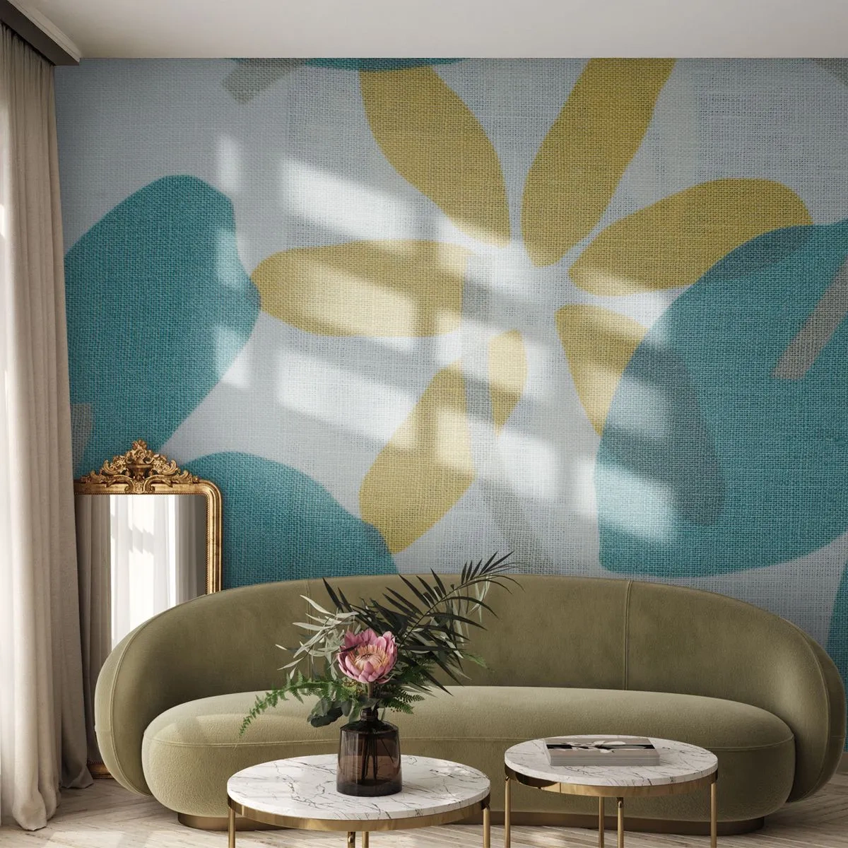 Fototapet Premium Sand - Bland azurblå blad - Boho, Blommor, Minimalism - 100x70 cm