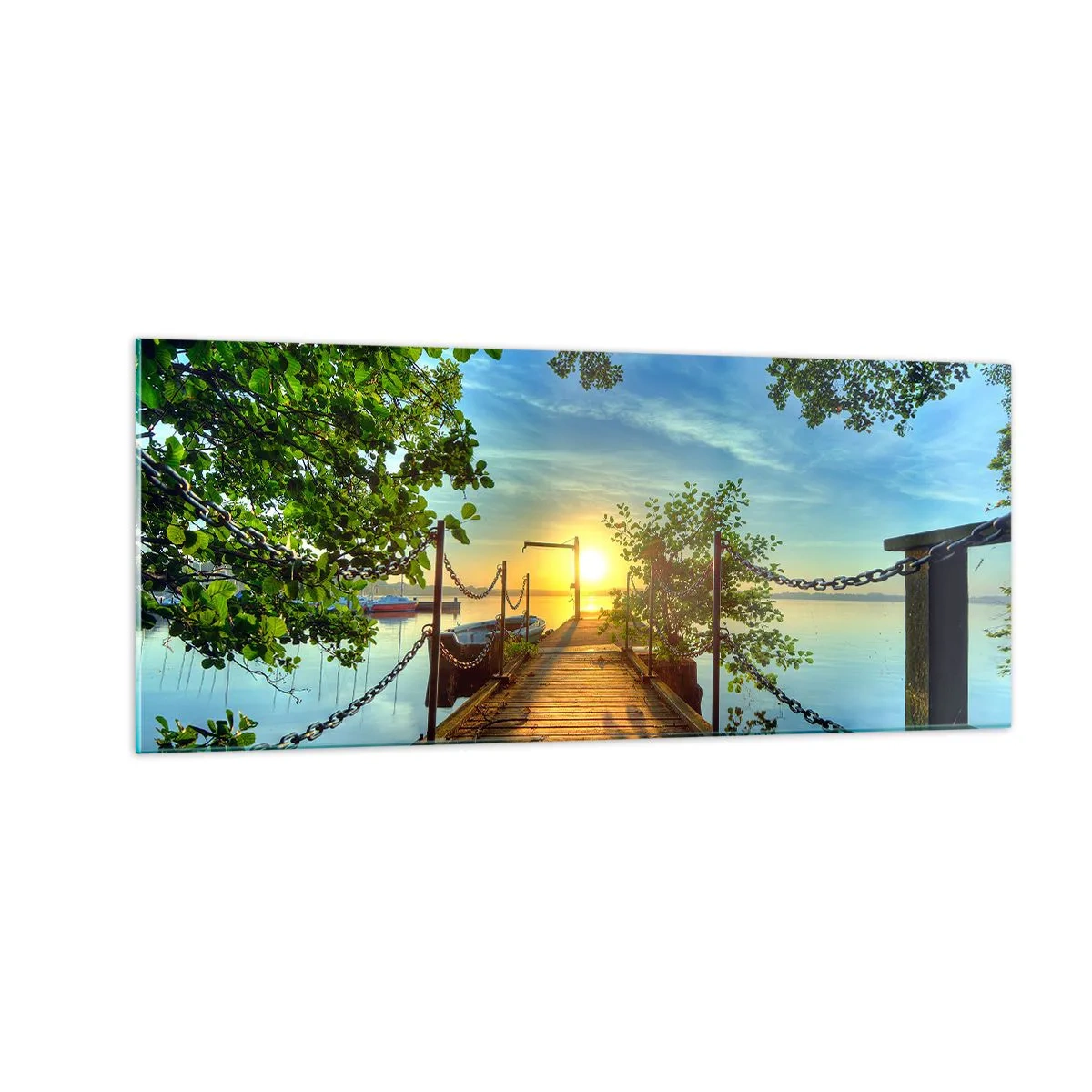 Glastavla - Bild på glas - Solnedgång vid vatten - 100x40 cm