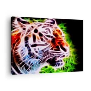 Canvastavla - Bild på duk - Färgglatt konstnärligt porträtt av en tiger i neonstil mot svart bakgrund. - 70x50cm - Farlig stämning - Modern väggdekoration för vardagsrum och sovrum ARTTOR