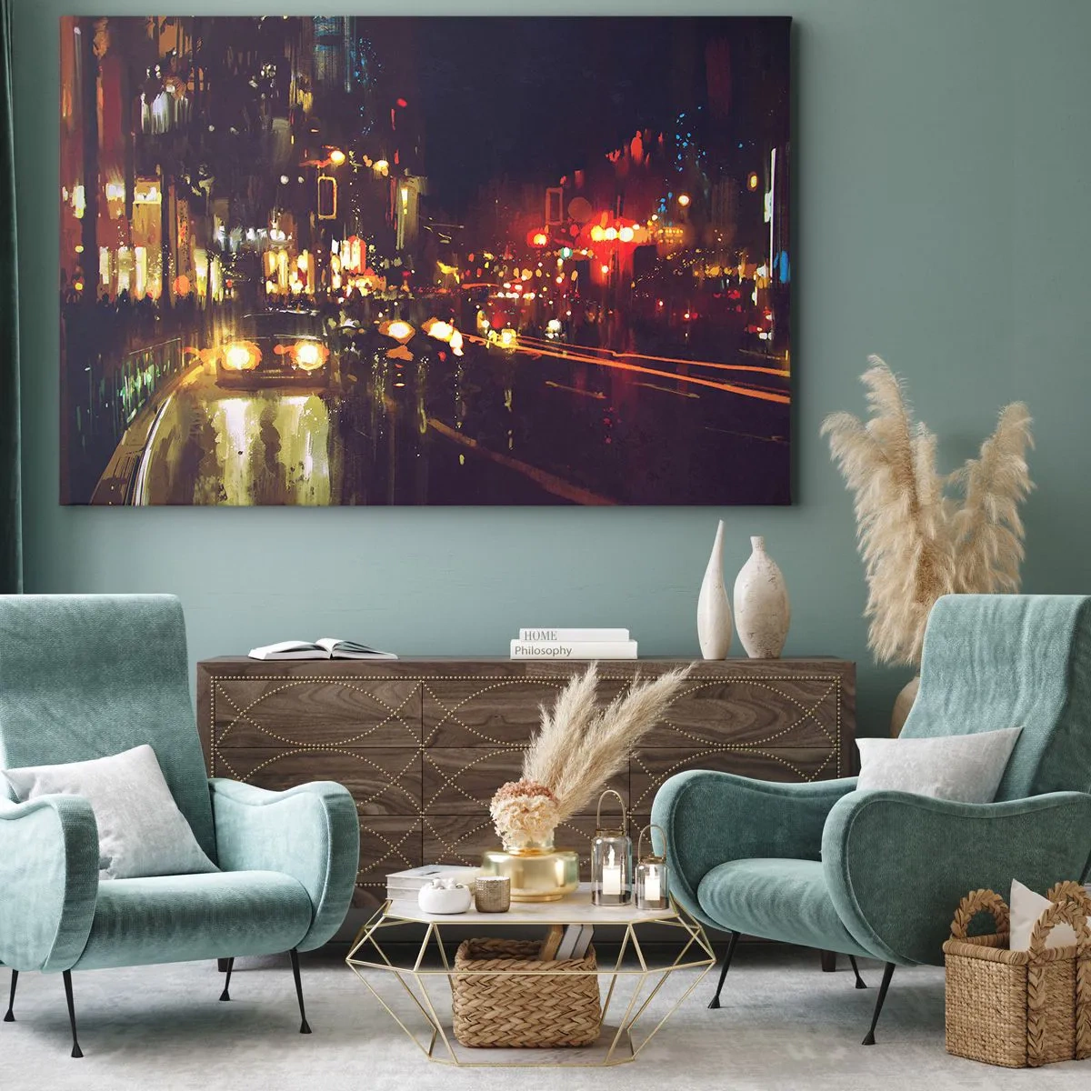 Canvastavla - Bild på duk - Nattstadsscen med färgglada ljus och gatureflektioner - 70x50cm - Doppad i nattljuset - Modern väggdekoration för vardagsrum och sovrum ARTTOR