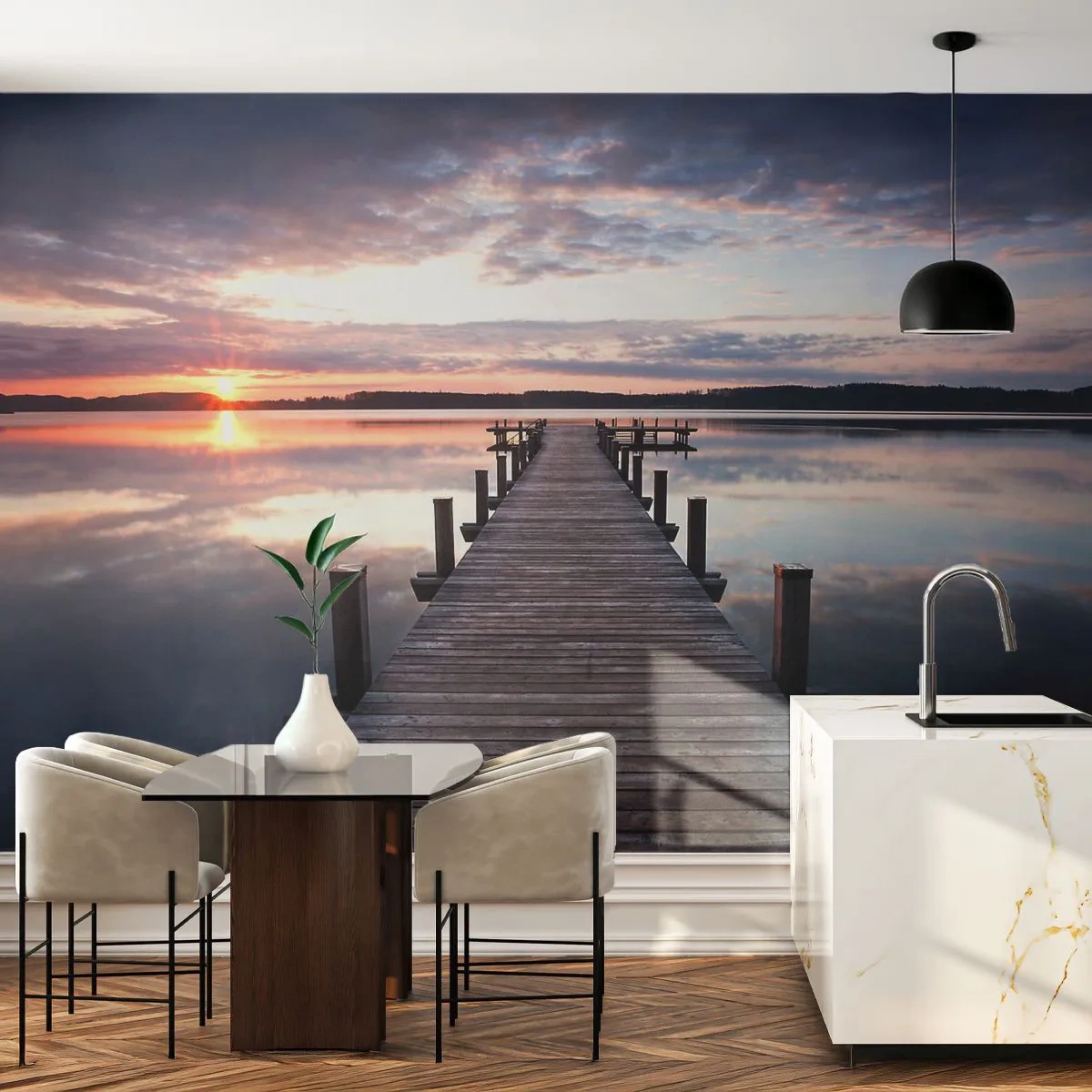 Självhäftande Fototapet Deluxe Sticker - Den tysta gränsen mellan dag och natt - Landskap, Sjö, Solnedgång - 250x175 cm