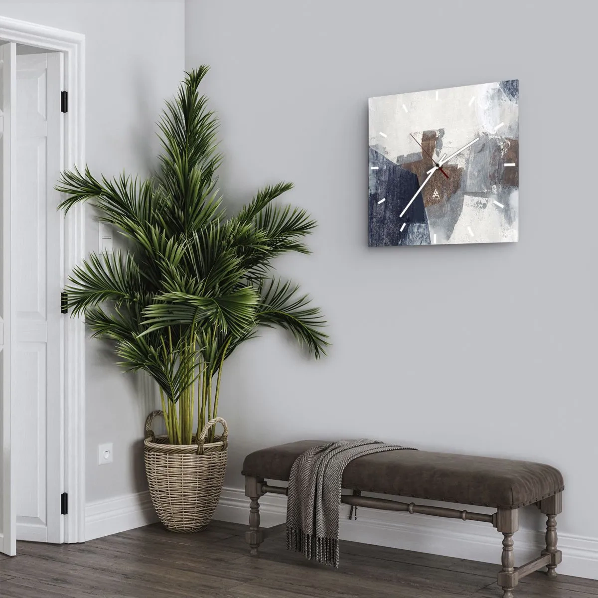 Väggklocka - Klocka på glas - Blåbruna former - 30x30 cm