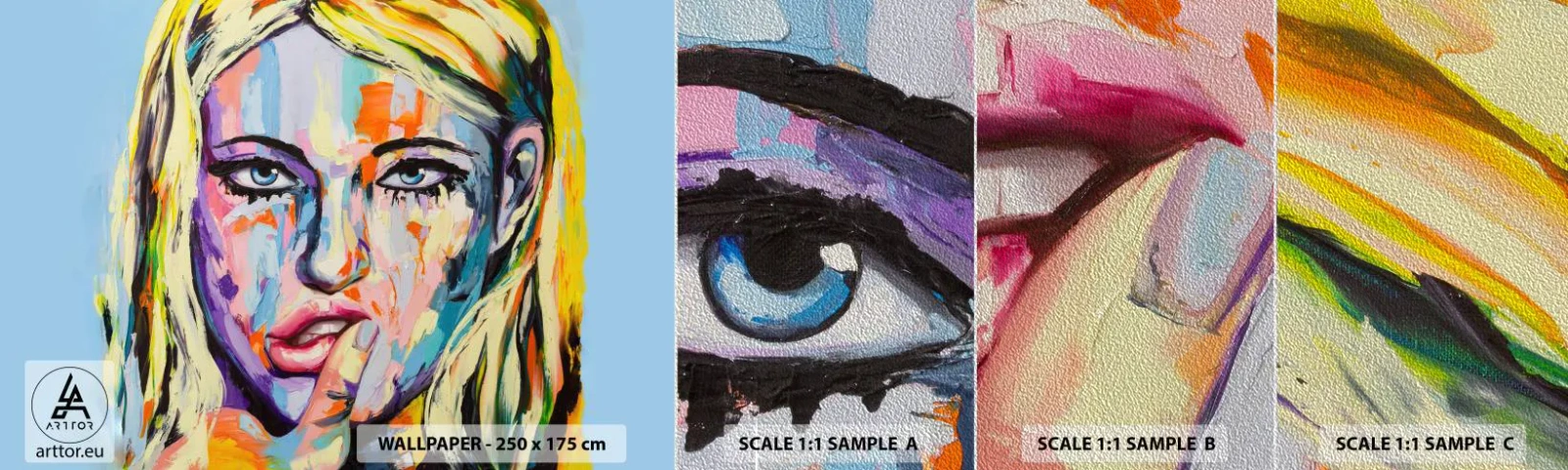 Provbit av fototapet Premium Sand - Titta henne rakt in i ögonen - Kvinna, Porträtt av en kvinna, Flicka - 100x30 cm