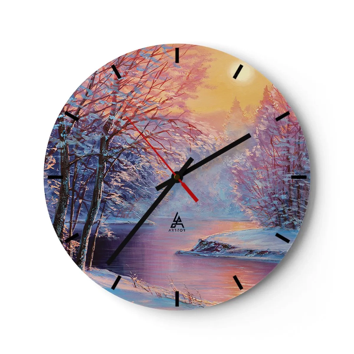 Väggklocka - Klocka på glas - Vinterlandskap med en flod vid solnedgången - 30x30cm - Vinterns färger - Modern väggdekoration för vardagsrum, kök och sovrum ARTTOR