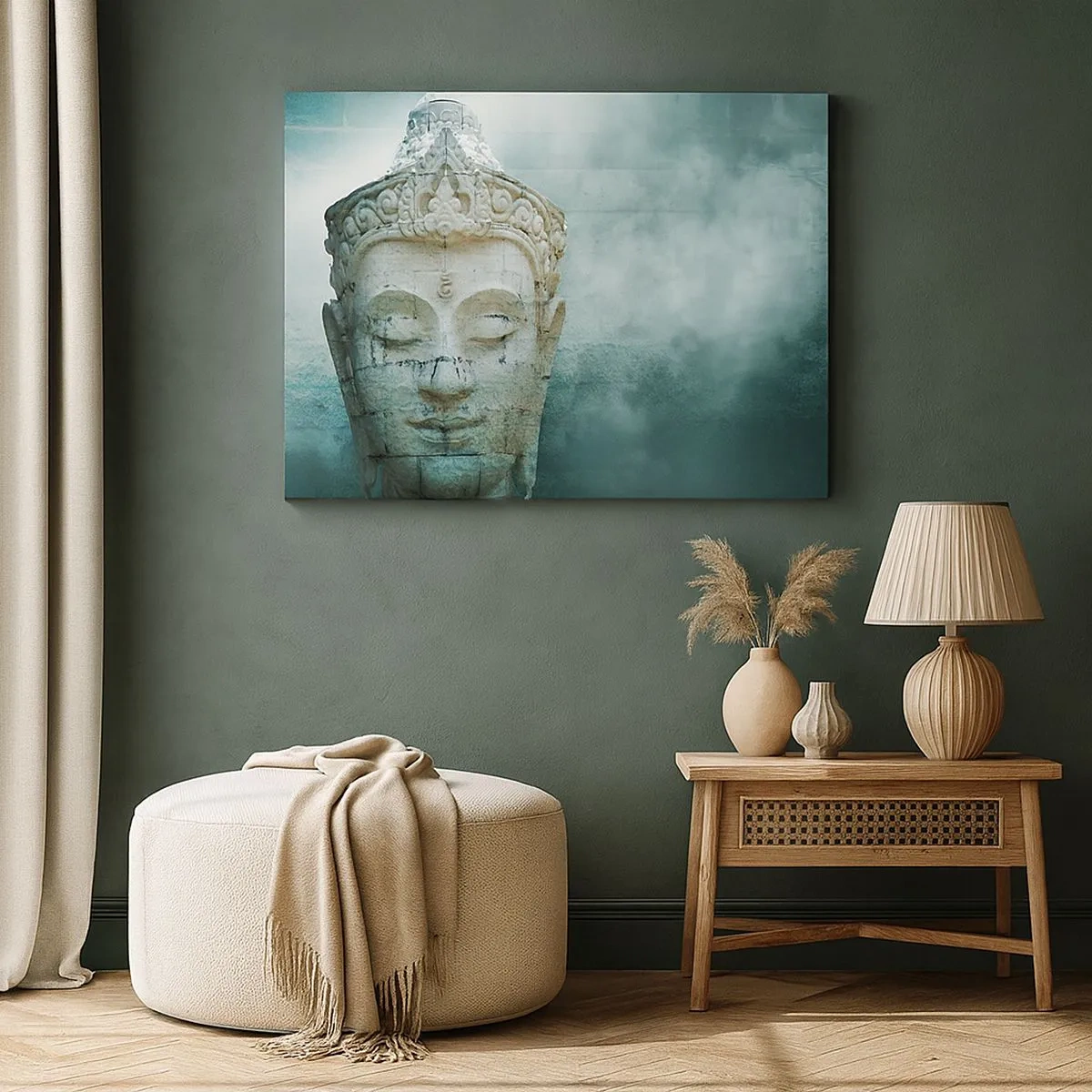 Canvastavla - Bild på duk - Buddhastaty med en mild dimma mot en grön bakgrund - 70x50cm - På jakt efter ljus - Modern väggdekoration för vardagsrum och sovrum ARTTOR