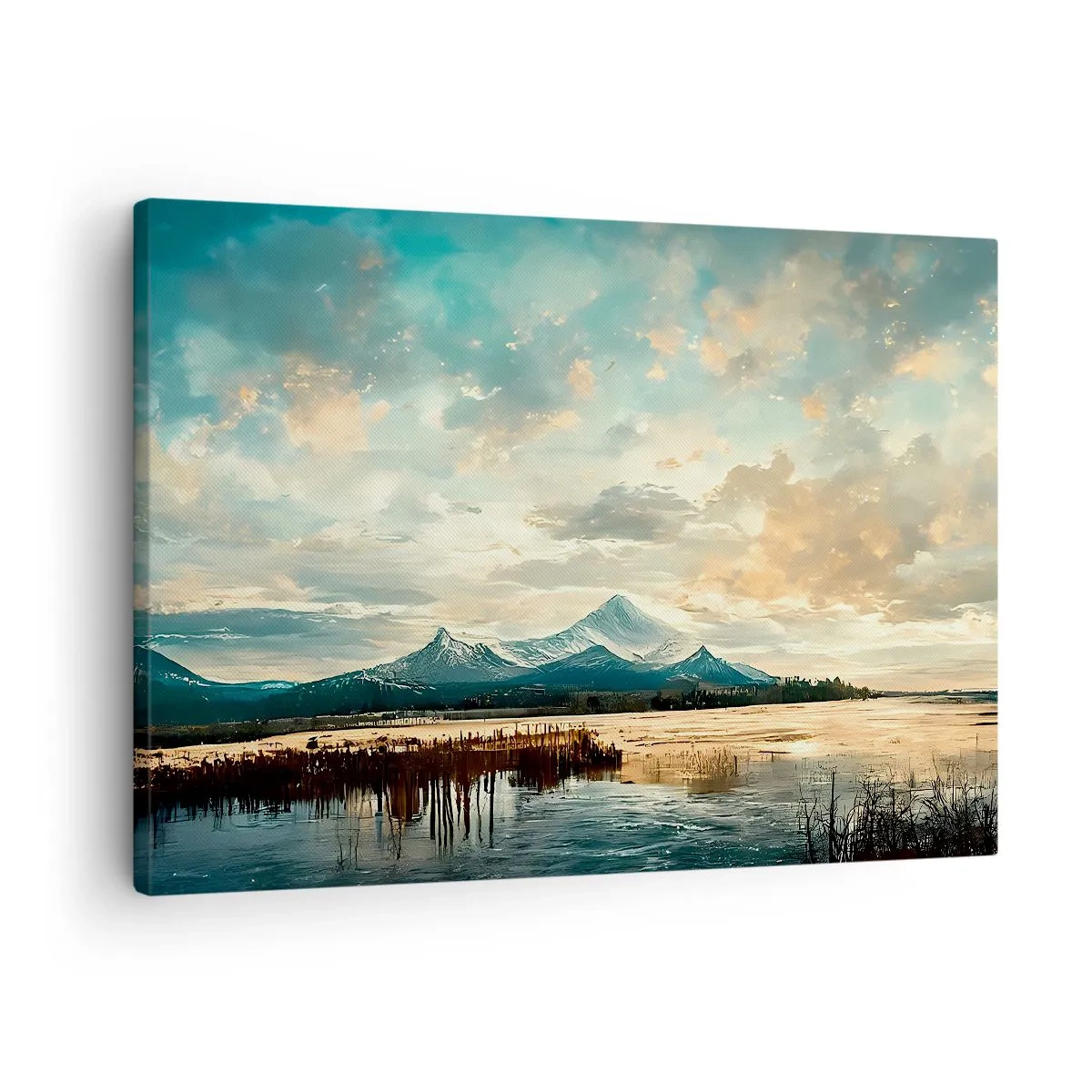 Canvastavla - Bild på duk - Ett pittoreskt landskap med ett berg och en lugn sjö - 70x50cm - Under himlens skydd - Modern väggdekoration för vardagsrum och sovrum ARTTOR