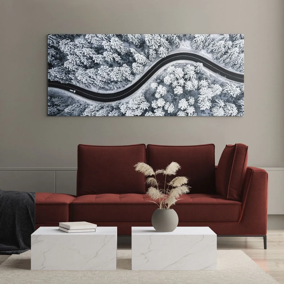 Glastavla - Bild på glas - Genom vinterskogen - 100x40 cm