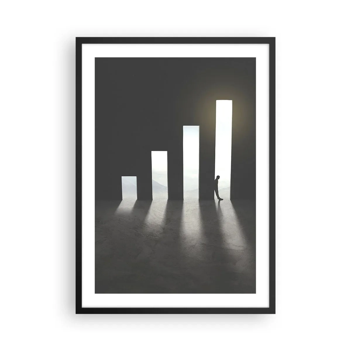 Affisch i svart ram - En symbolisk dörr i form av ett diagram med en figur - 50x70cm - Framgång - ett intryck - Modern väggdekoration för vardagsrum och sovrum ARTTOR