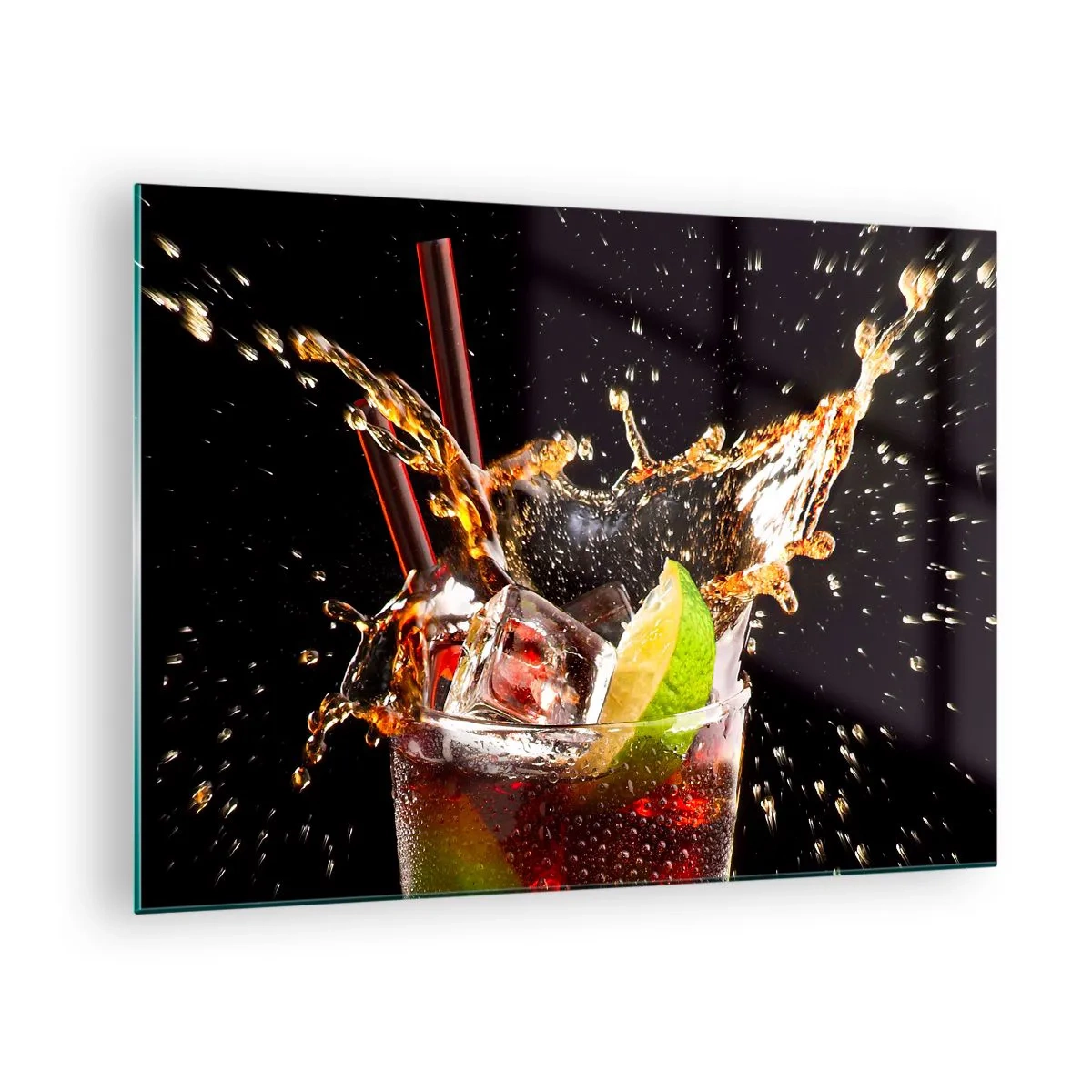 Glastavla - Bild på glas - Ett glas dryck med lime och stänk på en svart bakgrund - 70x50cm - Färgernas glädje och energi - Modern väggdekoration för vardagsrum och sovrum ARTTOR