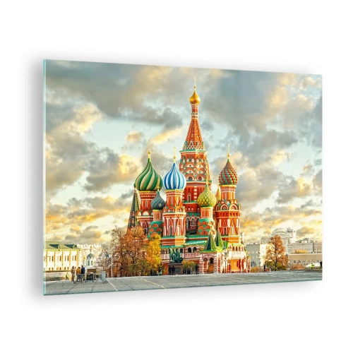Glastavla - Bild på glas - Vasilijkatedralen i Moskva mot en molnig himmel - 70x50cm - Även Disney skulle inte komma på det - Modern väggdekoration för vardagsrum och sovrum ARTTOR