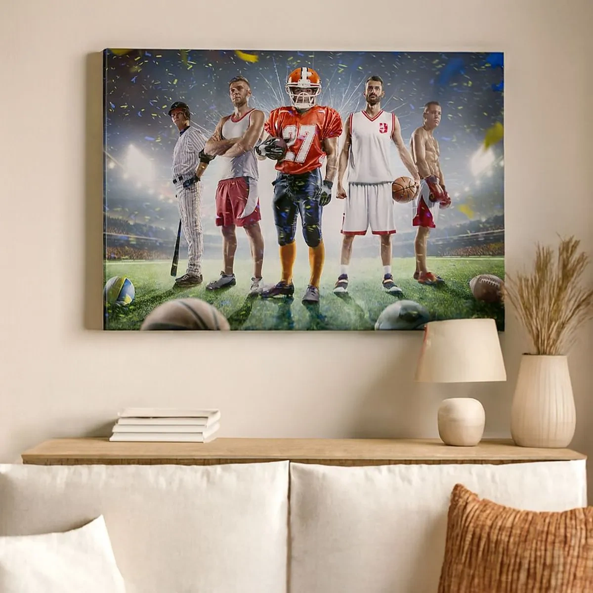 Canvastavla - Bild på duk - En dynamisk scen med idrottare från olika discipliner på stadion i rampljuset - 70x50cm - Arenornas gladiatorer - Modern väggdekoration för vardagsrum och sovrum ARTTOR