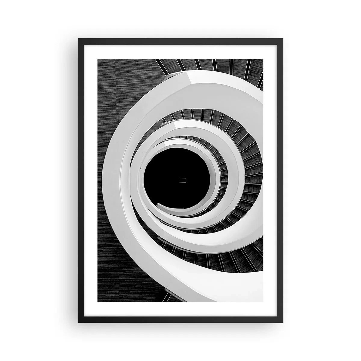 Affisch i svart ram - En spiraltrappa i svartvitt med abstrakt design - 50x70cm - Till sakens kärna - Modern väggdekoration för vardagsrum och sovrum ARTTOR