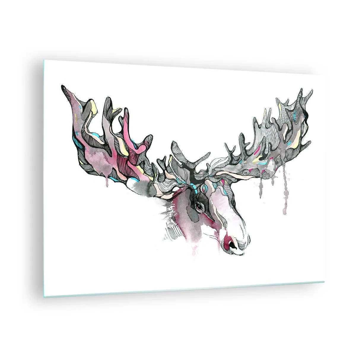 Glastavla - Bild på glas - Färgglad akvarell av en älg med omfattande horn - 70x50cm - Skogskungens krona - Modern väggdekoration för vardagsrum och sovrum ARTTOR