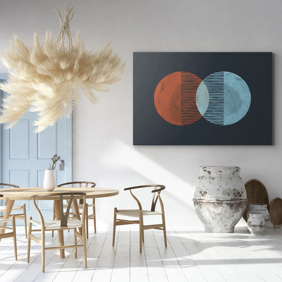Canvastavla - Bild på duk - Två orange och blå cirklar på en mörk bakgrund - 70x50cm - Astronomisk fantasi - Modern väggdekoration för vardagsrum och sovrum ARTTOR