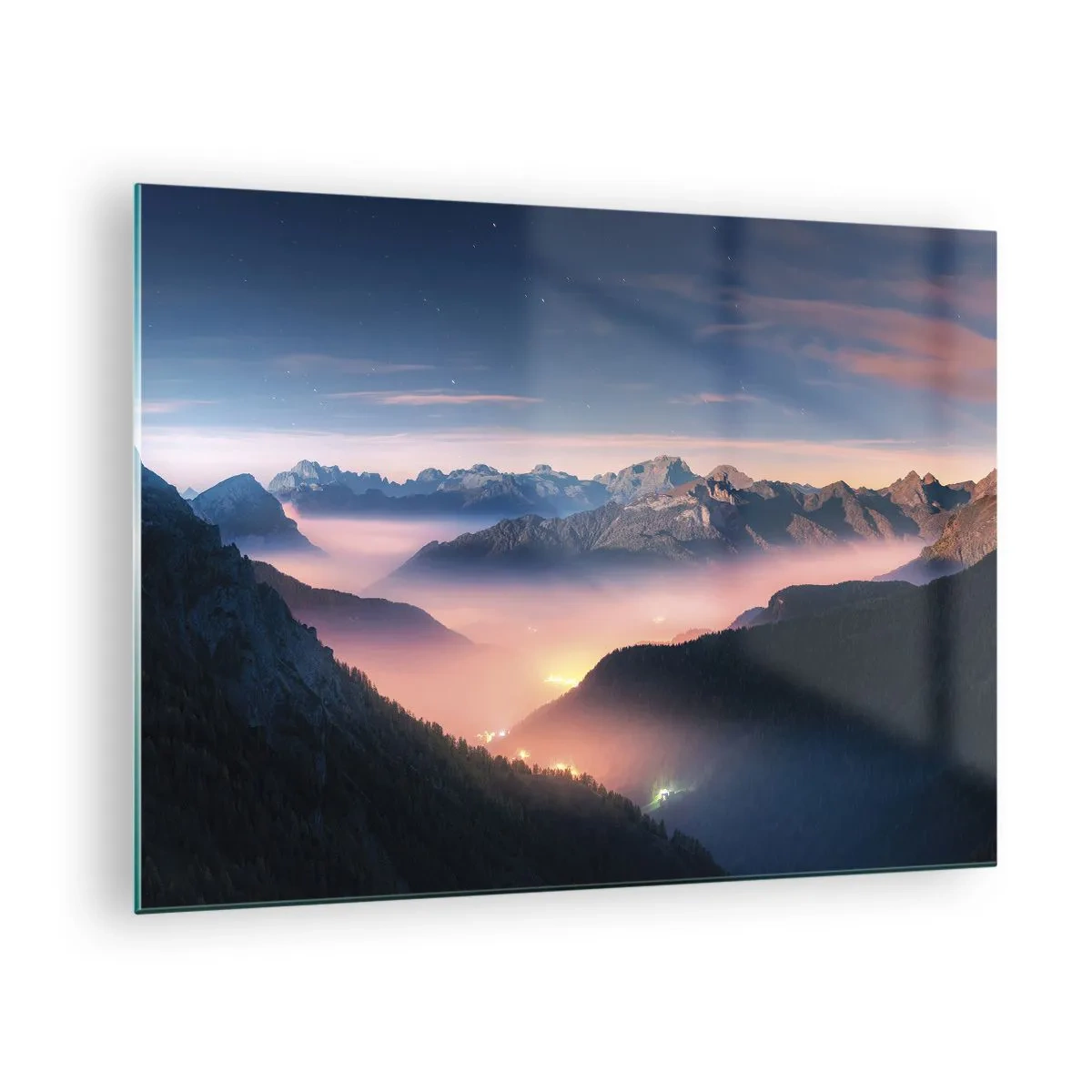 Glastavla - Bild på glas - Berglandskap vid solnedgången med dimma i dalen - 70x50cm - Ljus i dalarna - Modern väggdekoration för vardagsrum och sovrum ARTTOR