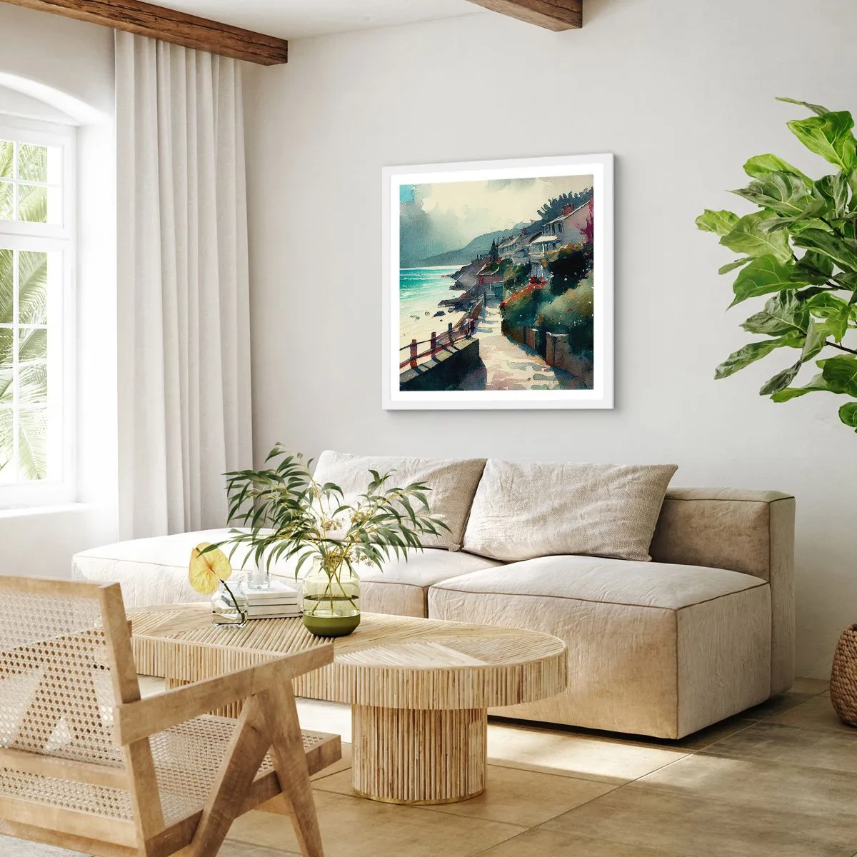 Affisch i vit ram - Medelhavsstad - 50x50 cm