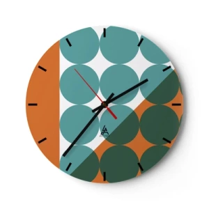 Väggklocka - Klocka på glas - Geometriska cirklar i nyanser av grönt och orange - 30x30cm - Uppåt och på diagonalen - Modern väggdekoration för vardagsrum, kök och sovrum ARTTOR