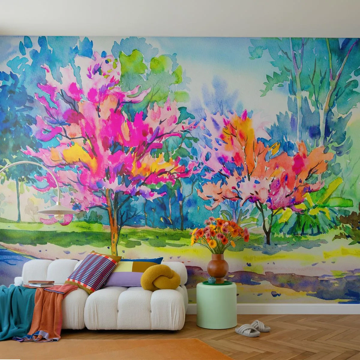 Fototapet Premium Sand - Regnbågsträdgård i vårskenet - Parkera, Träd, Natur - 100x70 cm