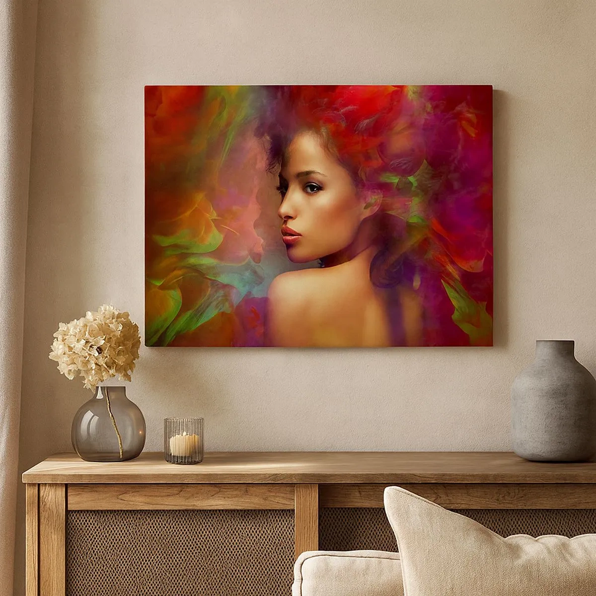 Canvastavla - Bild på duk - En kvinna med färgglada reflektioner som skapar en abstrakt bakgrund - 70x50cm - Vackrare är regnbågen, delikat som dimman - Modern väggdekoration för vardagsrum och sovrum ARTTOR