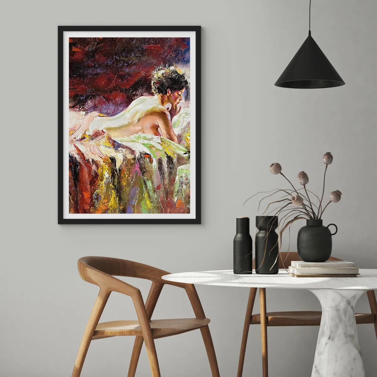 Affisch i svart ram - Konstnärlig nakenbild av en kvinna i en färgstark miljö - 50x70cm - Venus försänkt i sina tankar - Modern väggdekoration för vardagsrum och sovrum ARTTOR