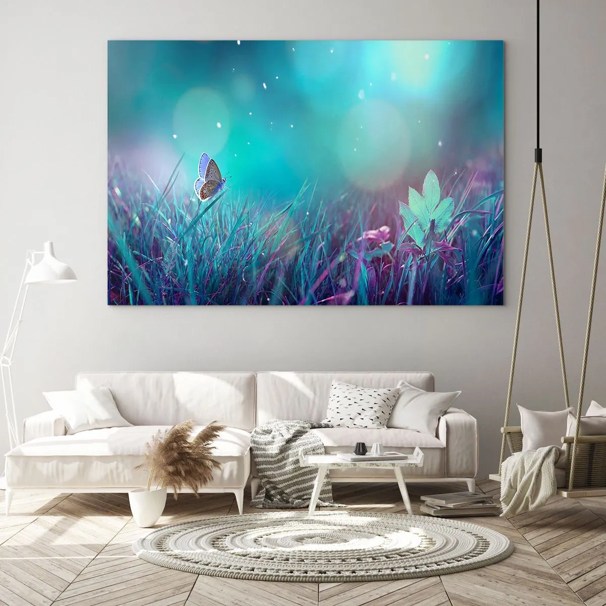 Glastavla - Bild på glas - Fjäril på gräset i pastellljus - 70x50cm - Ängens hemliga liv - Modern väggdekoration för vardagsrum och sovrum ARTTOR
