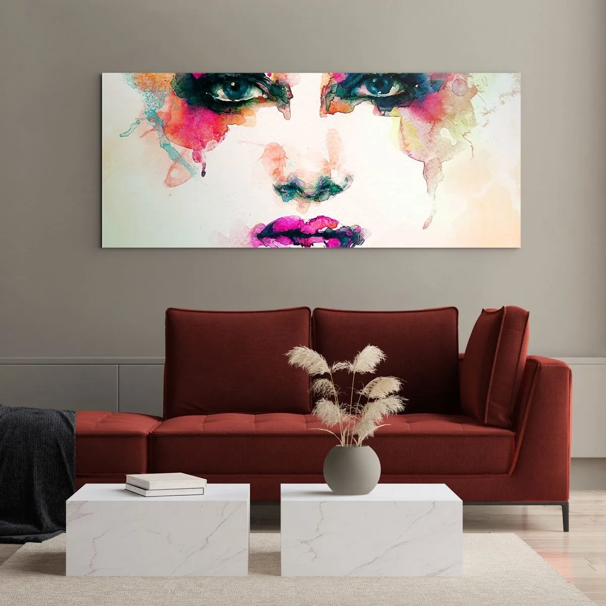 Glastavla - Bild på glas - Porträtt målad med regnbågen - 160x50 cm