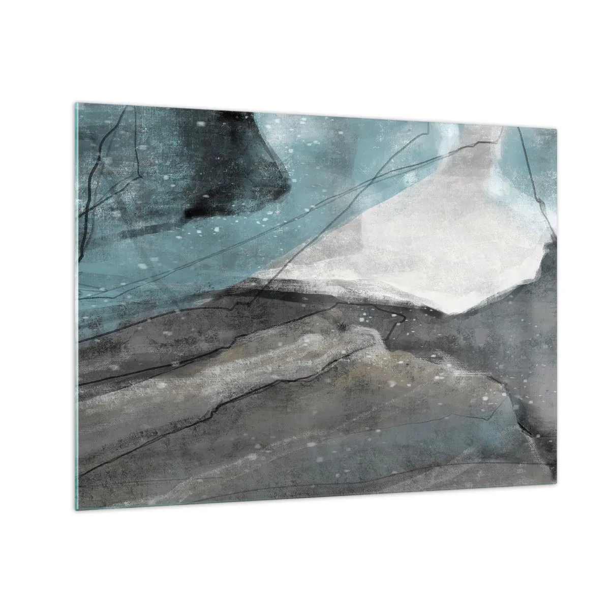 Glastavla - Bild på glas - En abstrakt skildring av stenar och is i en cool färgpalett. - 70x50cm - Abstraktion: stenar och is - Modern väggdekoration för vardagsrum och sovrum ARTTOR