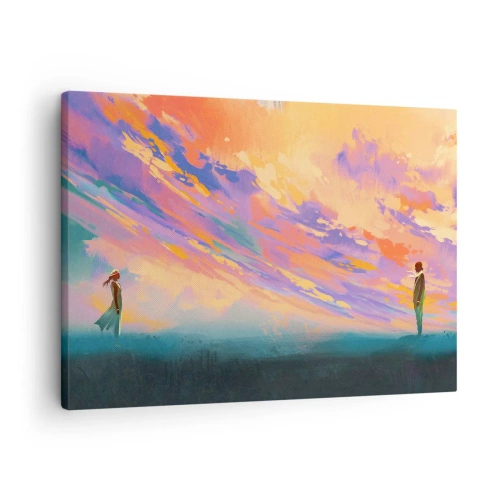 Canvastavla - Bild på duk - En dynamisk scen med figurer mot en färgglad solnedgångshimmel - 70x50cm - Dragkraft - Modern väggdekoration för vardagsrum och sovrum ARTTOR