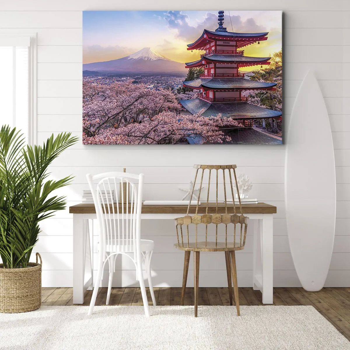 Canvastavla - Bild på duk - En pagod i Japan med körsbärsblommor och berget Fuji - 70x50cm - Essens av den japanska andan - Modern väggdekoration för vardagsrum och sovrum ARTTOR