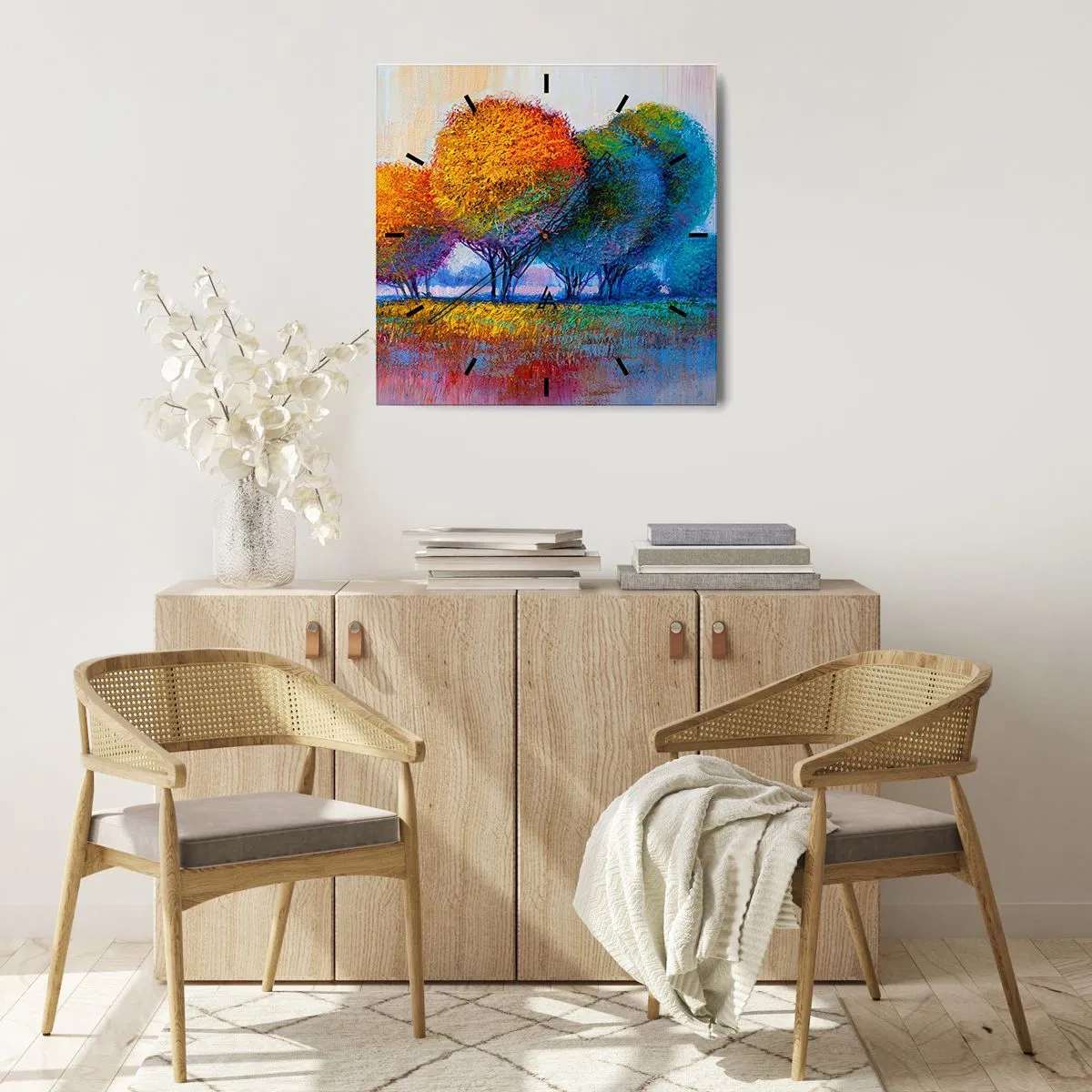 Väggklocka - Klocka på glas - Glad färgbukett - 40x40 cm