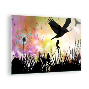 Glastavla - Bild på glas - Illustration av en figur som klättrar på en fågel mot en bakgrund av färgglada blommor. - 70x50cm - I sagostämningen - Modern väggdekoration för vardagsrum och sovrum ARTTOR