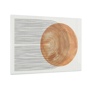 Glastavla - Bild på glas - Geometrisk form med koncentriska linjer och en gyllene cirkel - 70x50cm - En solig komposition - Modern väggdekoration för vardagsrum och sovrum ARTTOR
