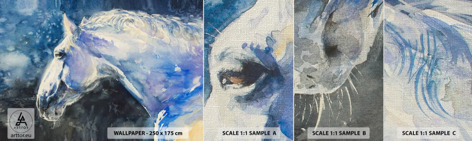 Provbit av fototapet Premium Canvas - Porträtt i blått sken - Häst, Målning, Djur - 100x30 cm