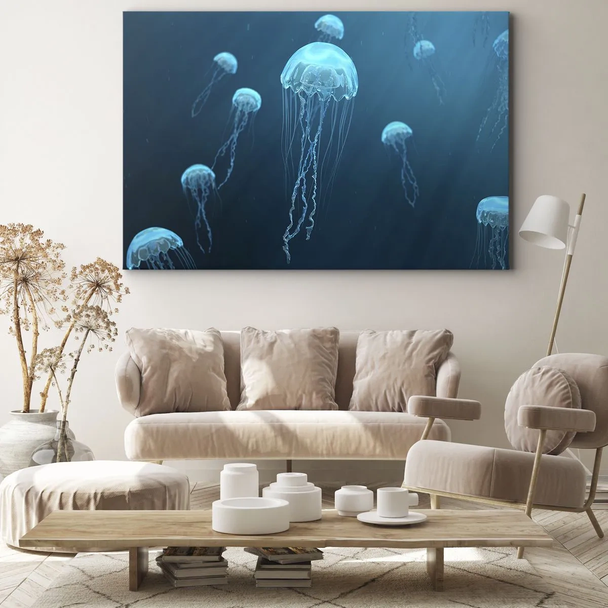 Canvastavla - Bild på duk - Maneter som flyter i havets djup i blå toner - 70x50cm - Havets dans - Modern väggdekoration för vardagsrum och sovrum ARTTOR
