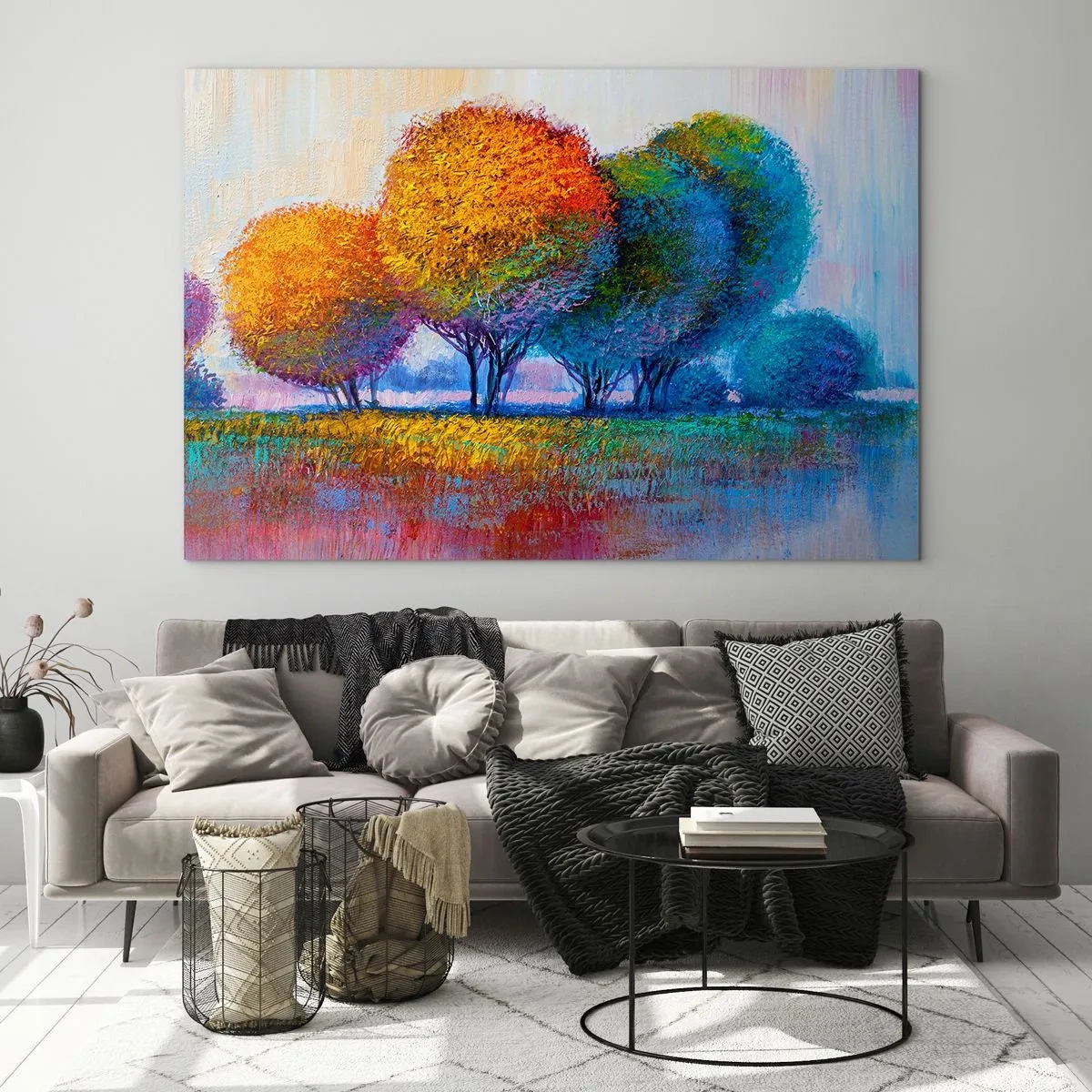 Glastavla - Bild på glas - Färgglada träd i höstfärger mot en blå himmel - 70x50cm - Glad färgbukett - Modern väggdekoration för vardagsrum och sovrum ARTTOR