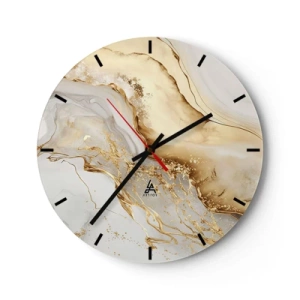 Väggklocka - Klocka på glas - Guld abstrakt stänk på en beige och vit bakgrund - 30x30cm - Abstraktion: skönhet och godhet - Modern väggdekoration för vardagsrum, kök och sovrum ARTTOR