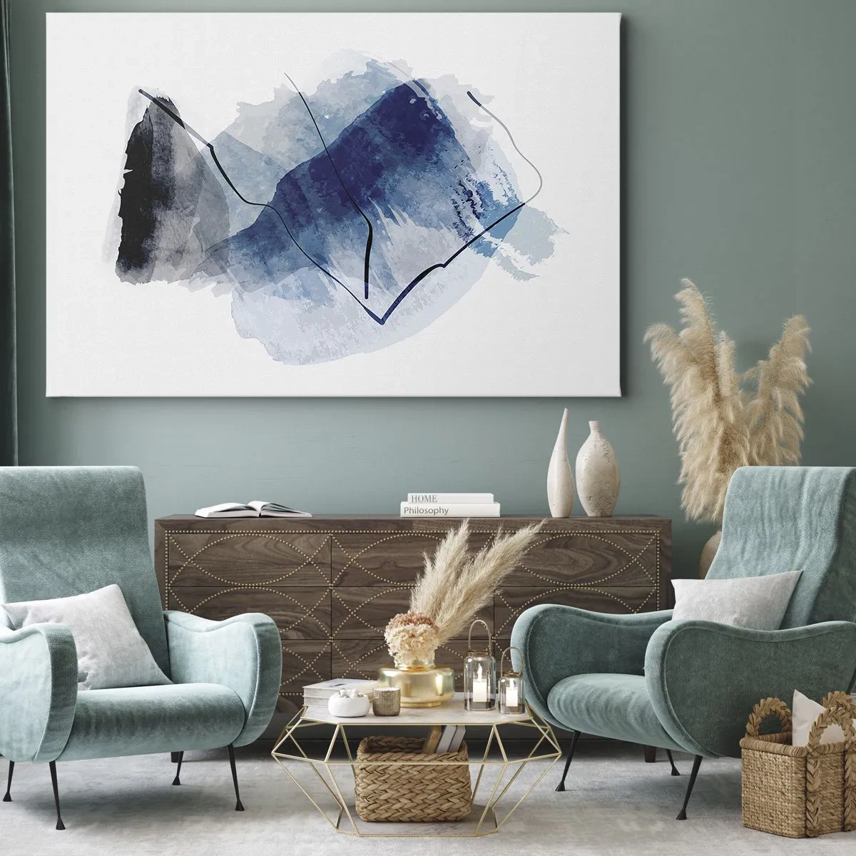 Canvastavla - Bild på duk - Abstrakta former i nyanser av blått med fina linjer - 70x50cm - Isberg - Modern väggdekoration för vardagsrum och sovrum ARTTOR