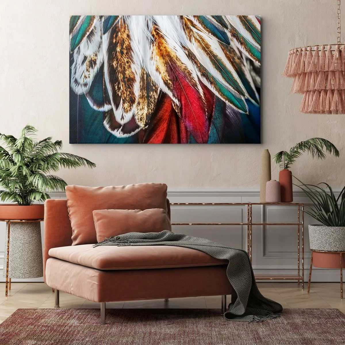 Canvastavla - Bild på duk - Närbild av flerfärgade fjädrar i livfulla, intensiva färger - 70x50cm - flyghemligheter - Modern väggdekoration för vardagsrum och sovrum ARTTOR