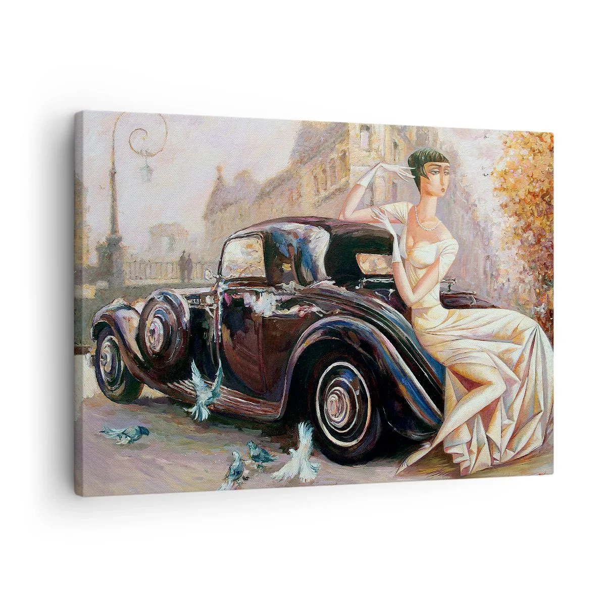 Canvastavla - Bild på duk - Retro kvinna bredvid klassisk bil - 70x50cm - Elegans i retrostil - Modern väggdekoration för vardagsrum och sovrum ARTTOR