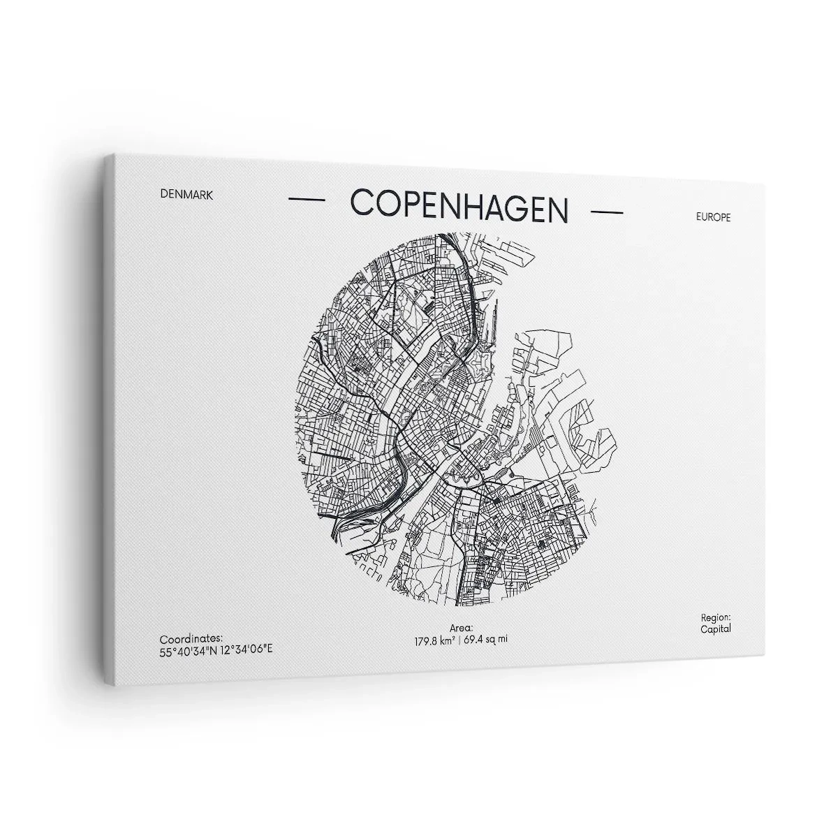 Canvastavla - Bild på duk - En karta över Köpenhamn i minimalistisk svartvit stil. - 70x50cm - Köpenhamns anatomi - Modern väggdekoration för vardagsrum och sovrum ARTTOR